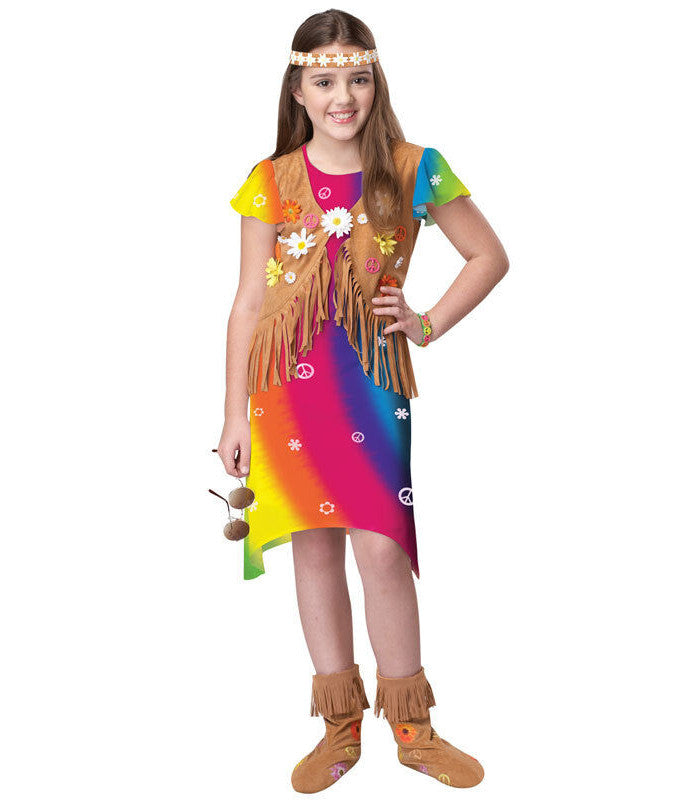 CHILDS, GIRLS MISS 60'S HIPPIE FLOWER PRINT FANCY DRESS COSTUME