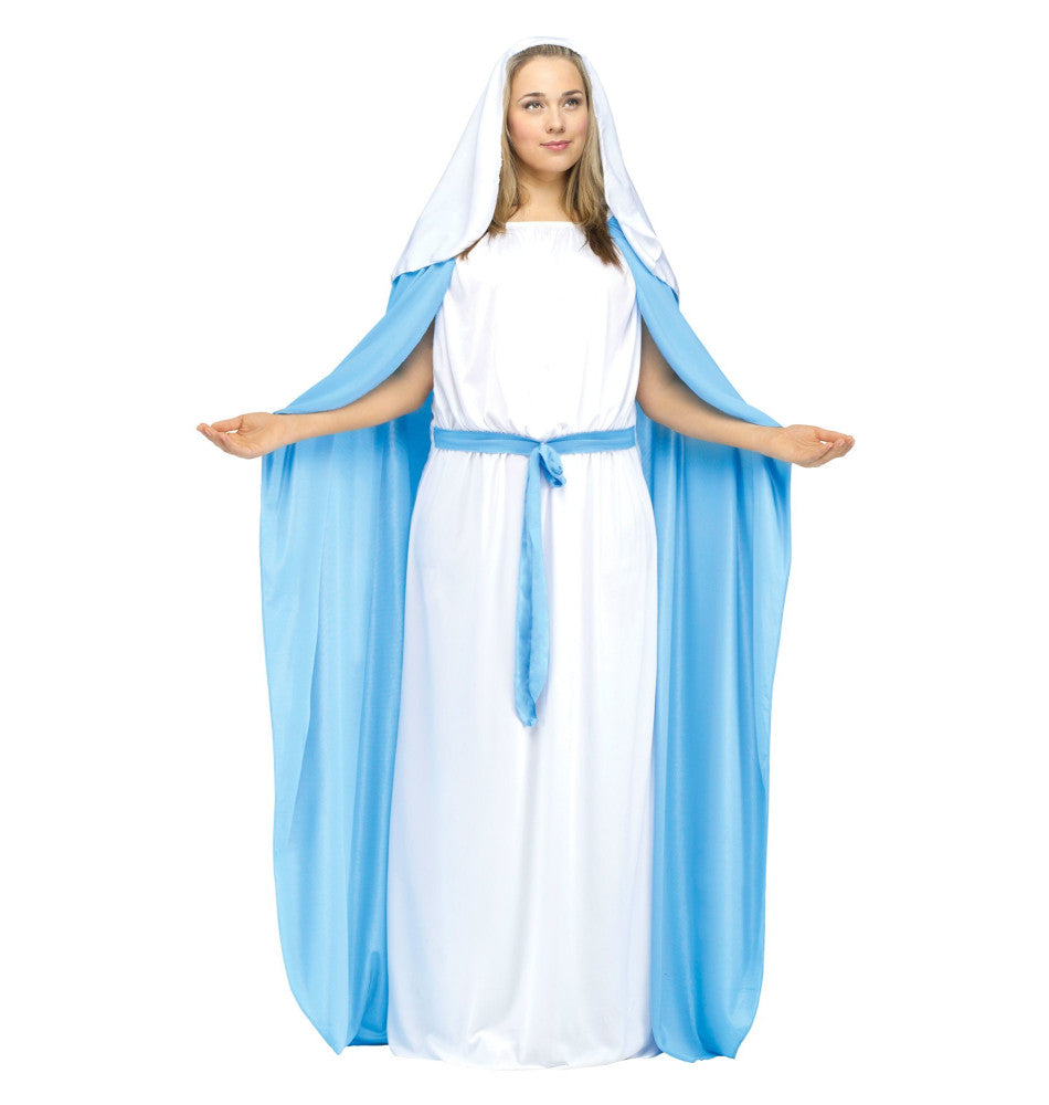 Biblical Mary Religious Christmas Plus Size Adult Women Costume Gown with Attached Belt and Cloak Veil with Comb