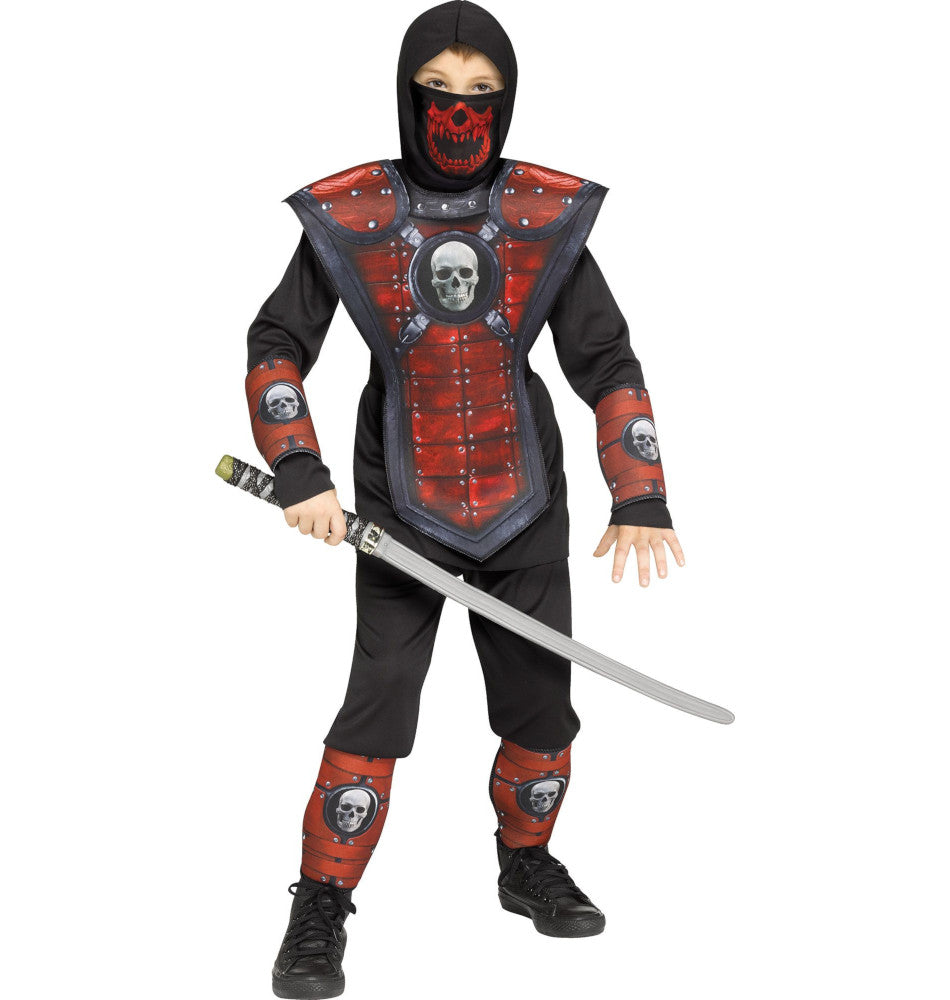 Skull Ninja Child Costume, Red Hooded Shirt Pants Tunic Arm Guards Shin Guards Face Mask