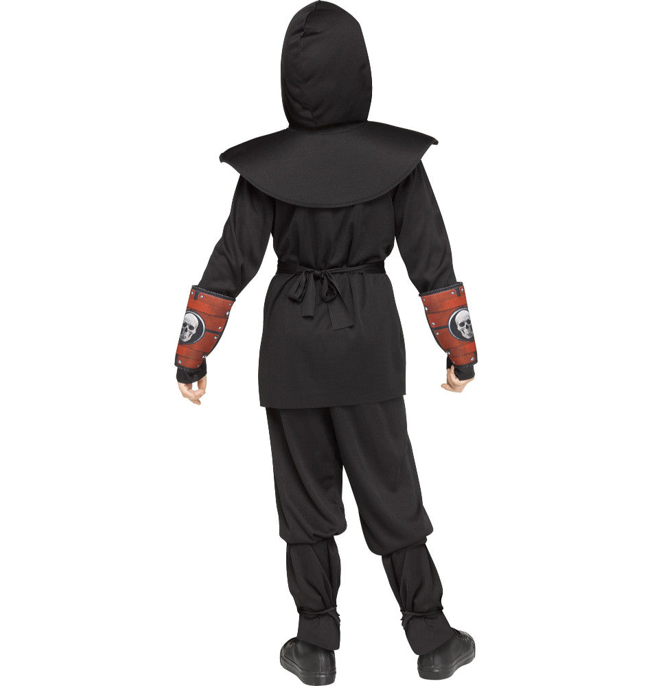 Skull Ninja Child Costume, Red Hooded Shirt Pants Tunic Arm Guards Shin Guards Face Mask