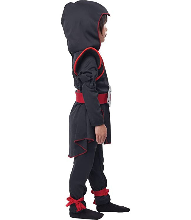 Lil’ Ninja Girl Toddler Costume Tunic with attached hood Leggings Belt with foam ninja star Face mask Arm ties Leg ties