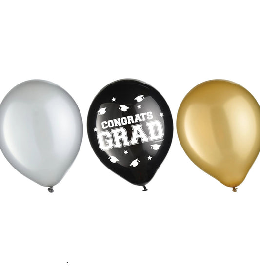 Grad Latex Balloons- Black, Silver & Gold