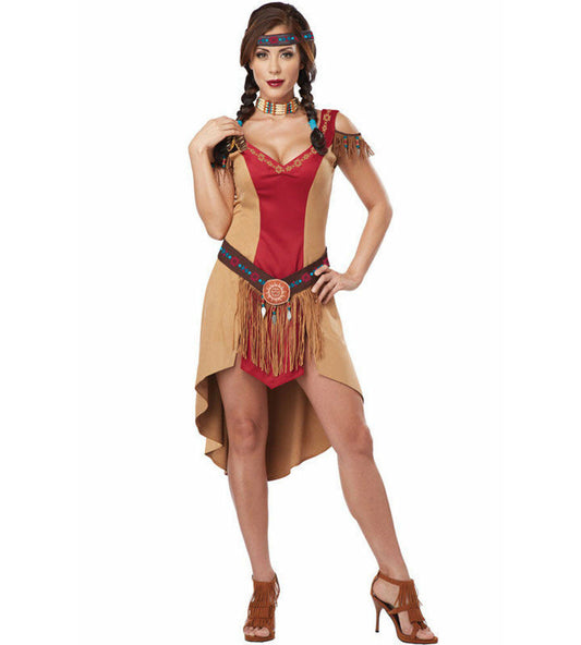 Native American Beauty Indian Princess Adult Costume Dress with shoulder fringe Belt with fringe and medallion Headband