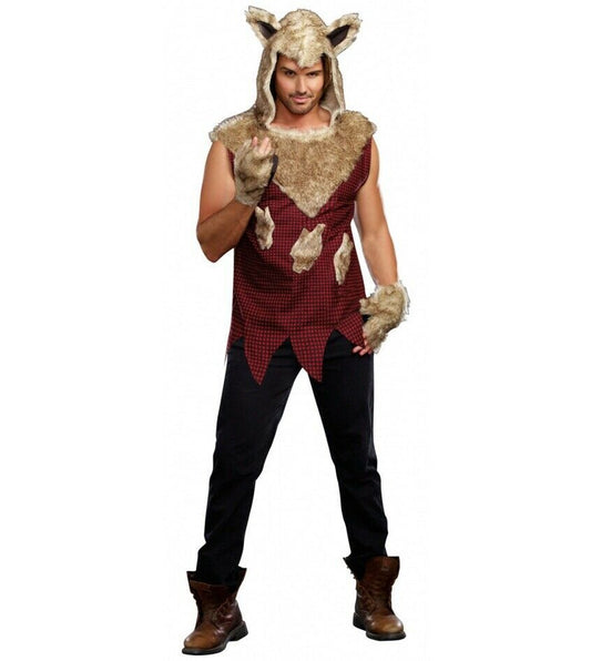 Dreamgirl Scary Big Bad Wolf Werewolf Wolfman Adult Men Costume Faux fur hooded tunic Faux fur fingerless gloves