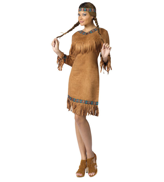 Native American Indian Princess Adult Costume Fringed faux suede dress with ribbon trim Headband