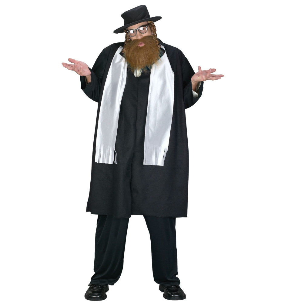 Jewish Rabbi Religious Plus Size Adult Costume Long coat Fringed scarf Hat with attached payis Beard