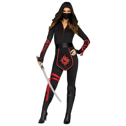 Sexy Ninja Warrior Women Costume Hooded Jumpsuit Belt Arm Ties Leg Tie Mask