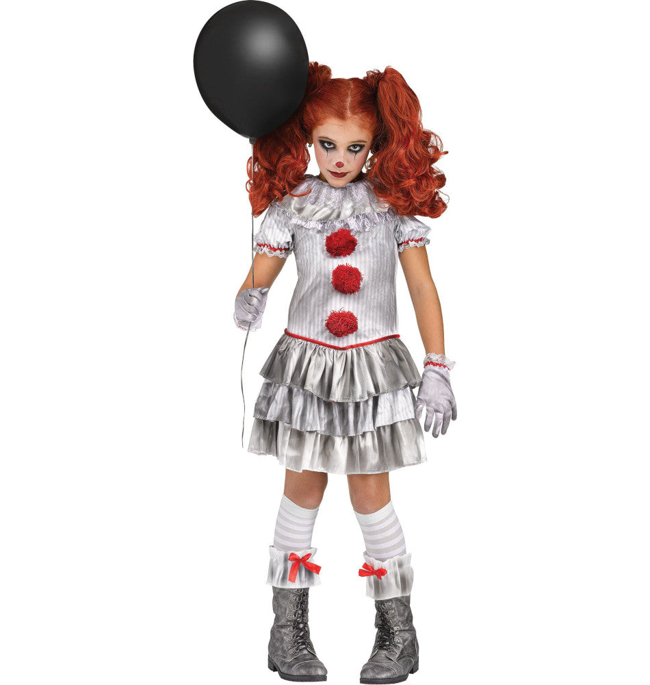 Carnevil Evil Circus Clown Child Costume Dress with attached collar Gloves Knee high socks Boot top ruffles