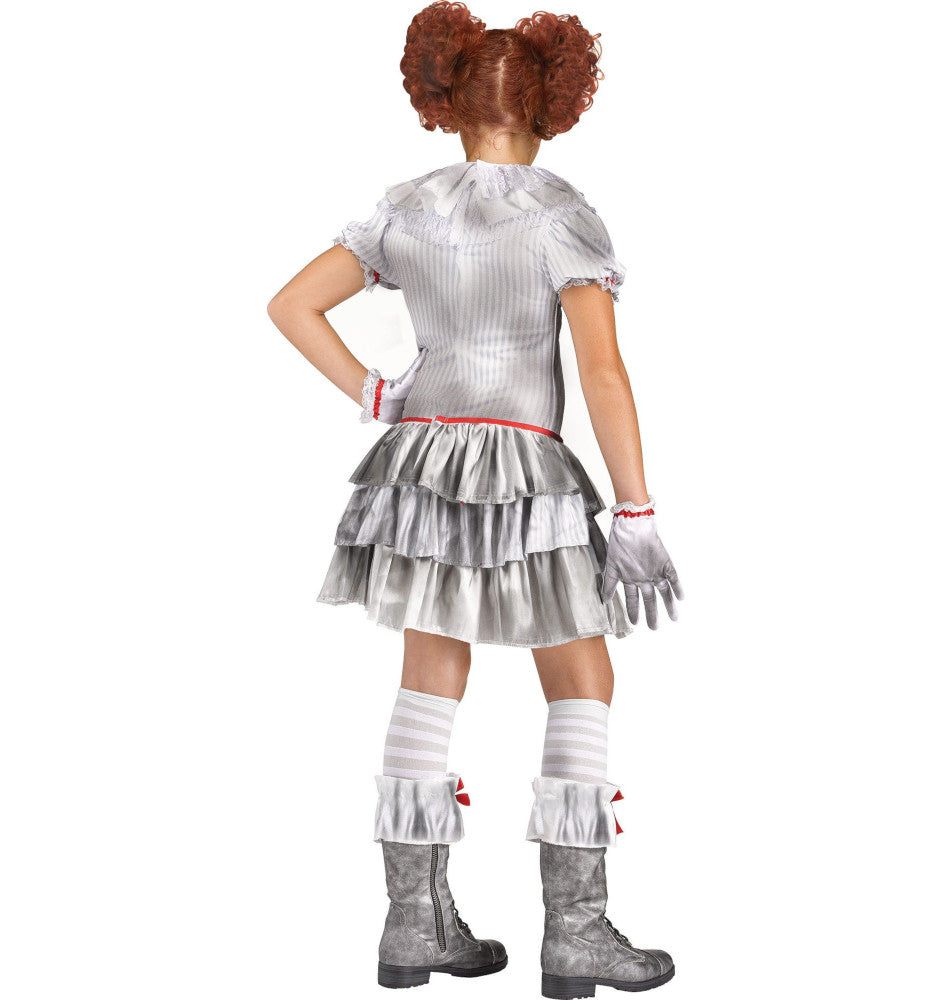 Carnevil Evil Circus Clown Child Costume Dress with attached collar Gloves Knee high socks Boot top ruffles