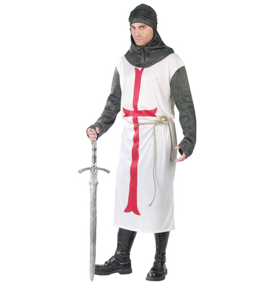 Templar Knight Renaissance Medieval Crusader Adult Costume Tunic with chainmail sleeves Hood with collar Head tie Rope belt