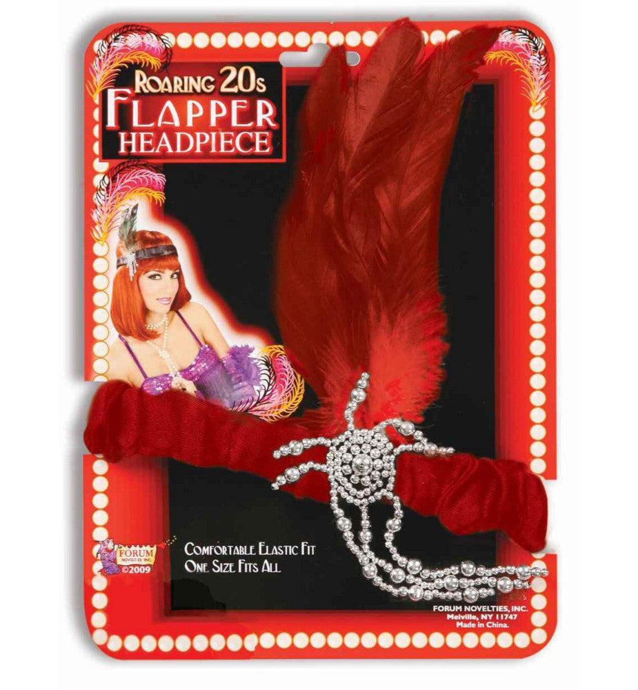 Roaring 20s Charleston Flapper Red Headpiece and Feather Halloween Costume Accessory A comfortable elastic fitting headpiece with a red feather