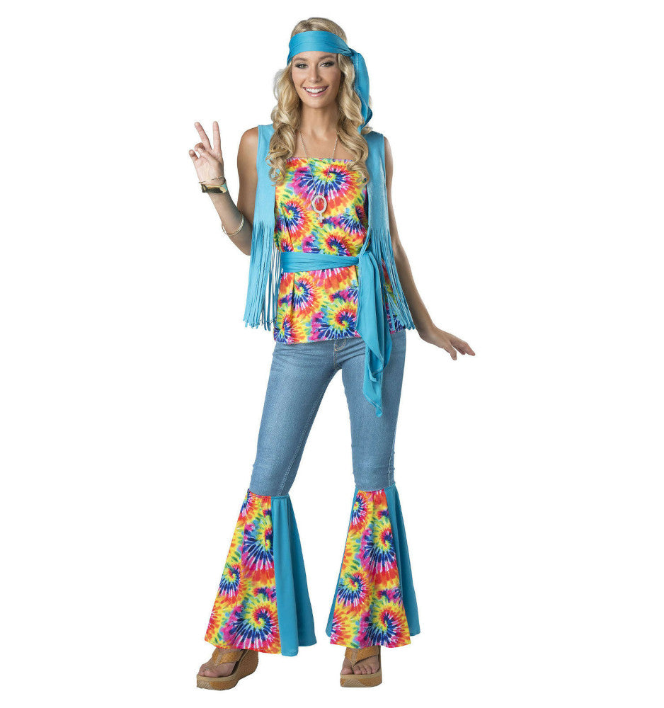 Hippie Groovy 60s 70s Adult Costume Printed tunic  Fringe vest Head scarf Waist sash Slip-on bell bottoms