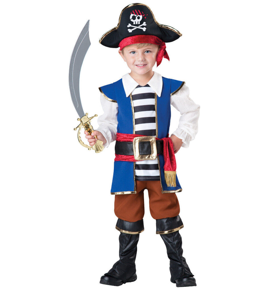 Pirate Boy Toddler Costume Jumpsuit with gauze sleeves, gold trim, attached sash and belt Boot covers Printed hat with gold trim and attached head sash