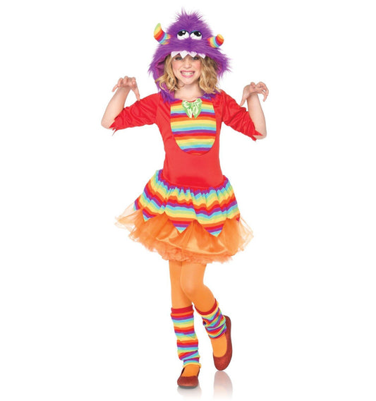 Furry Rainbow Monster Girls Child Costume Dress with attached furry monster hood Leg warmers.