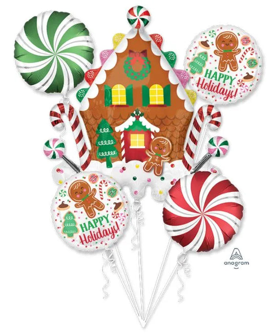 balloon foil bouquet Gingerbread house cookie