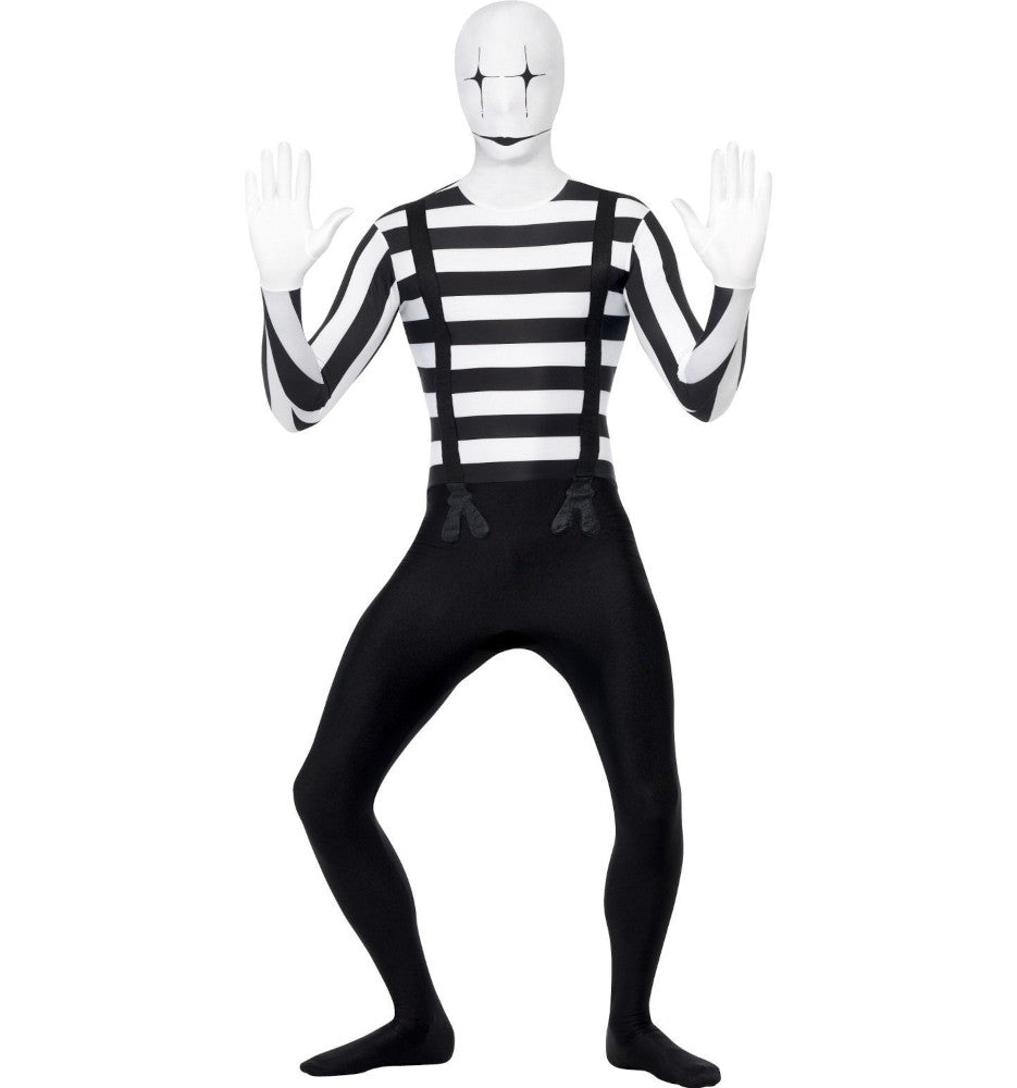 Mime Artist Second Skin Adult Costume Jumpsuit Bum bag and concealed fly and under chin opening