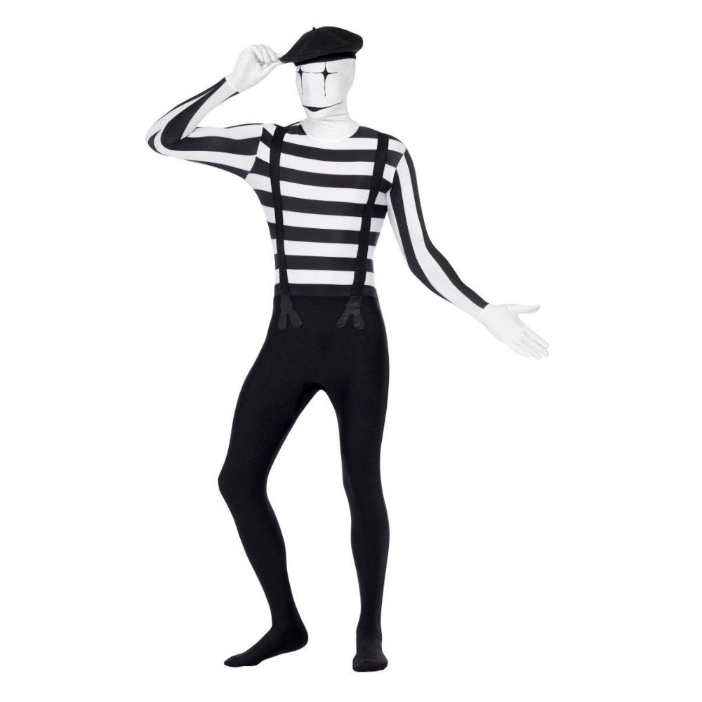 Mime Artist Second Skin Adult Costume Jumpsuit Bum bag and concealed fly and under chin opening